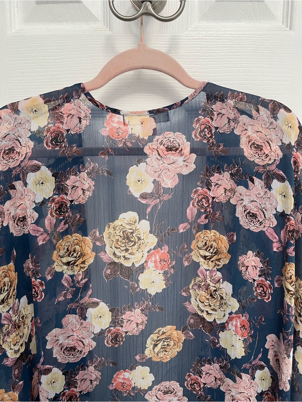 Floral Kimono Duster Blue Sheer Open Front Cover Band of Gypsies XS/S oversized - Picture 13 of 16